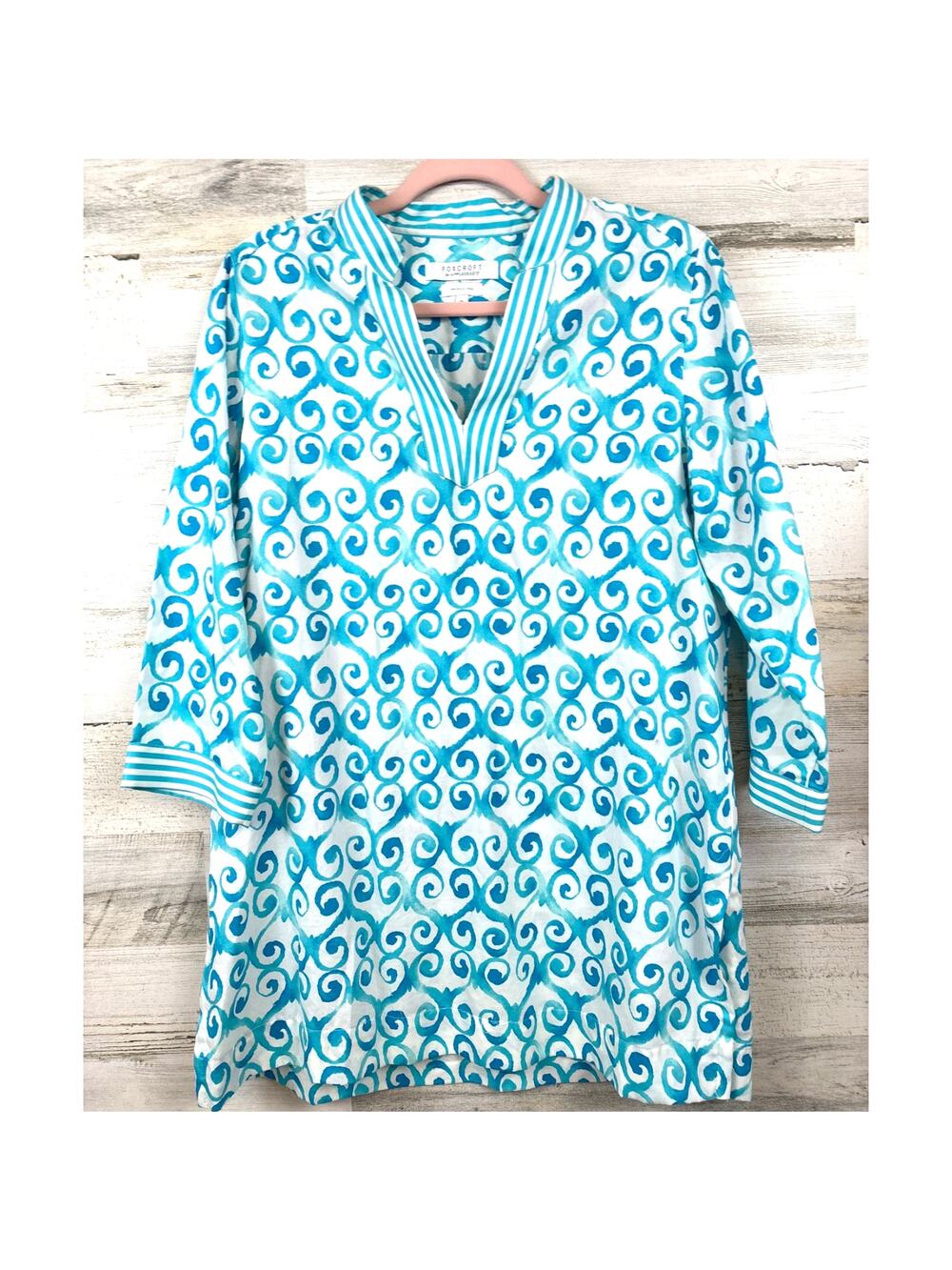 Foxcroft 10 Blue White Cotton Cover Up Coastal Beach Swim Summer